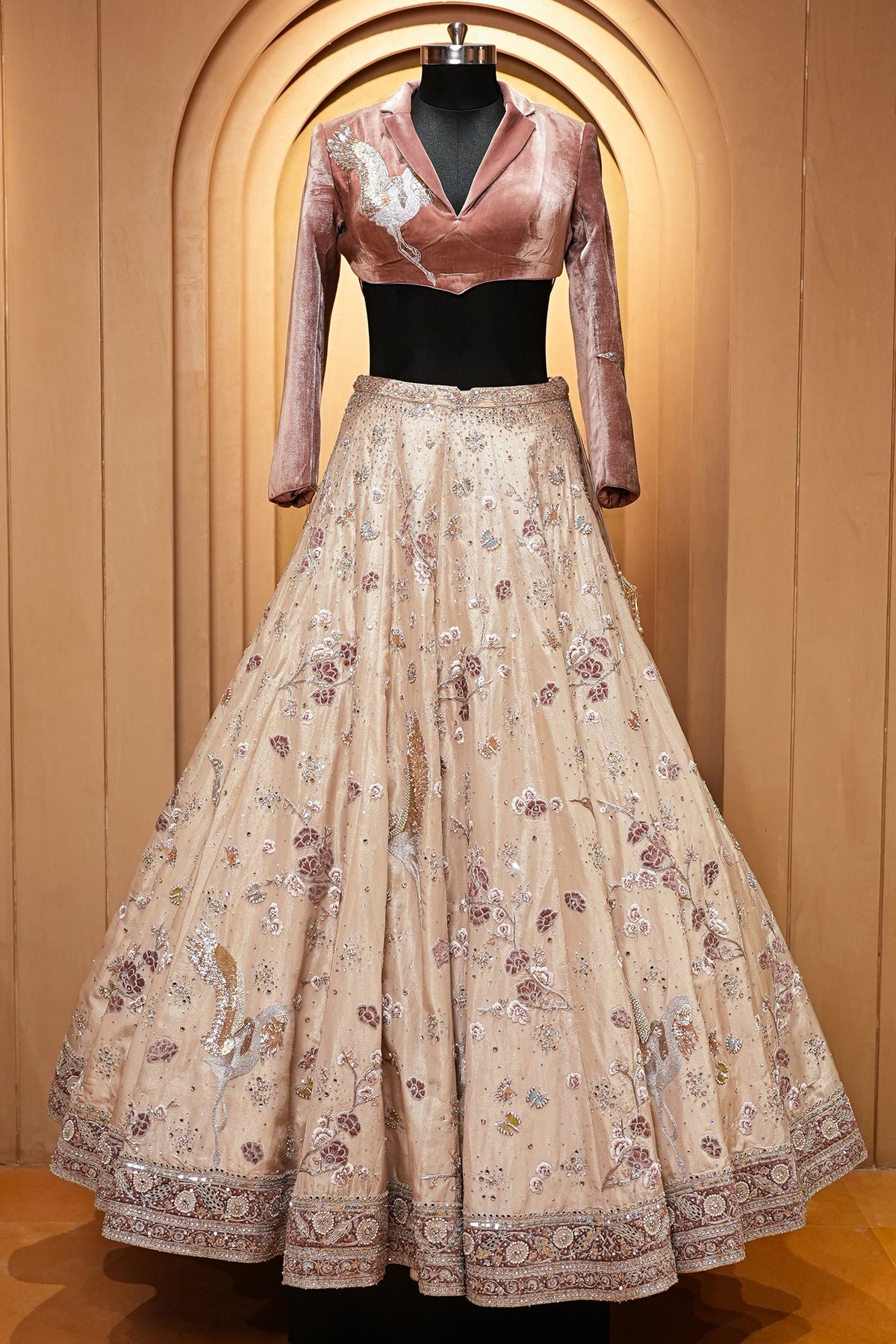 Metallic Warm Ivory Beige Tissue Lehenga with Smoked Mauve Crop Top