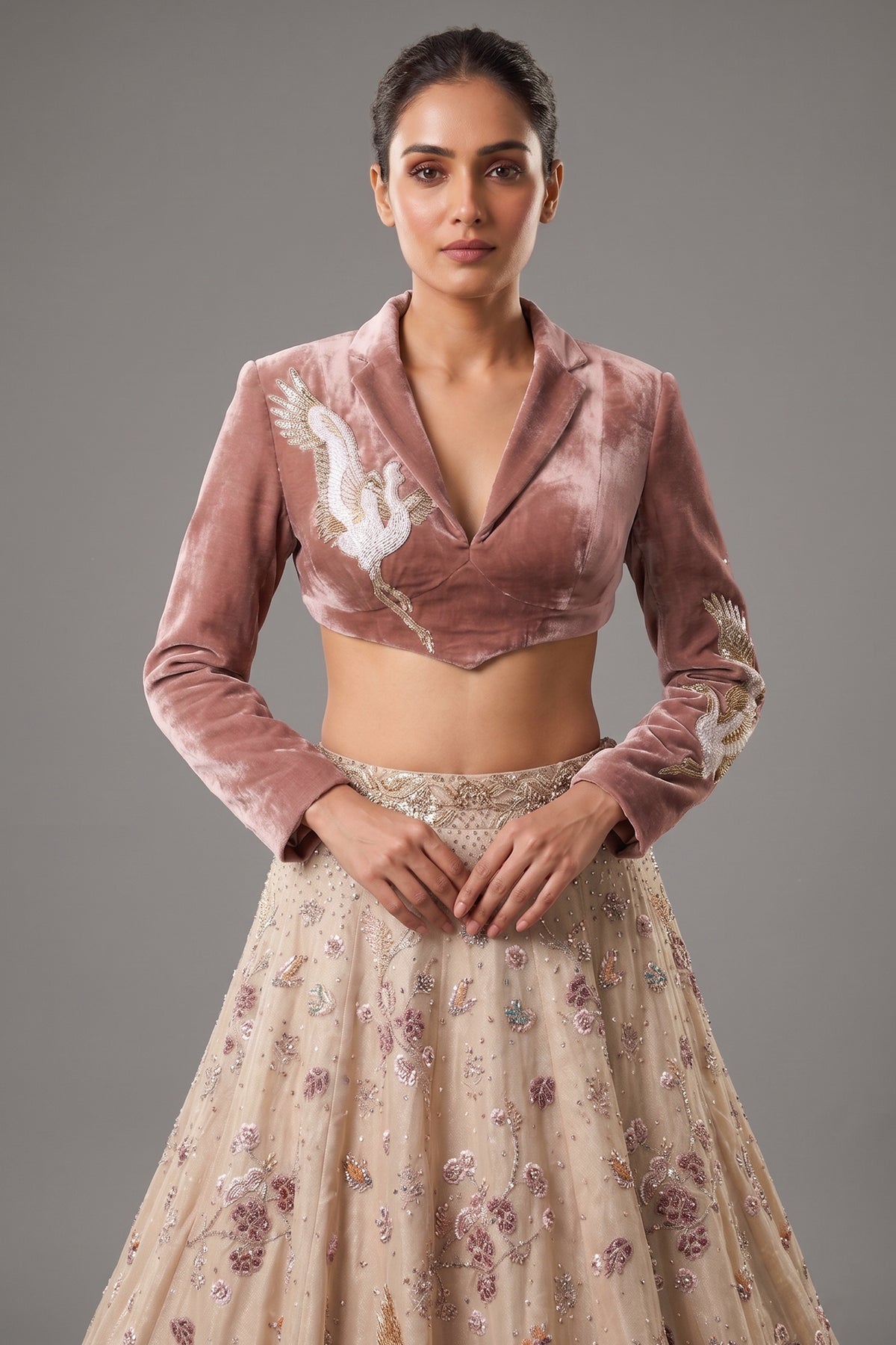 Metallic Warm Ivory Beige Tissue Lehenga with Smoked Mauve Crop Top