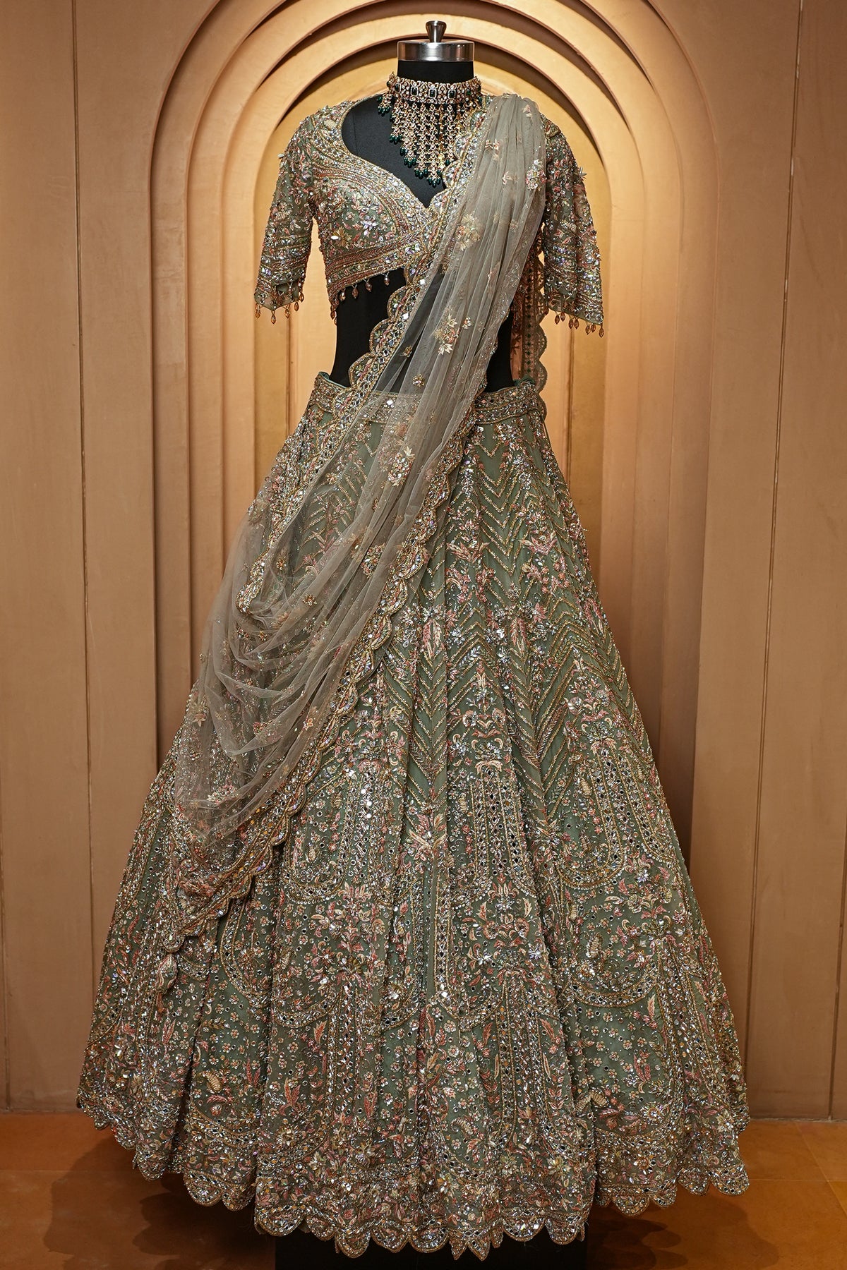 Mint Sage Green Organza Lehenga with Intricate Hand-Embroidered Mirror Work