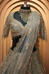 Ivory White and Antique Gold Organza Luxury Bridal Lehenga Choli