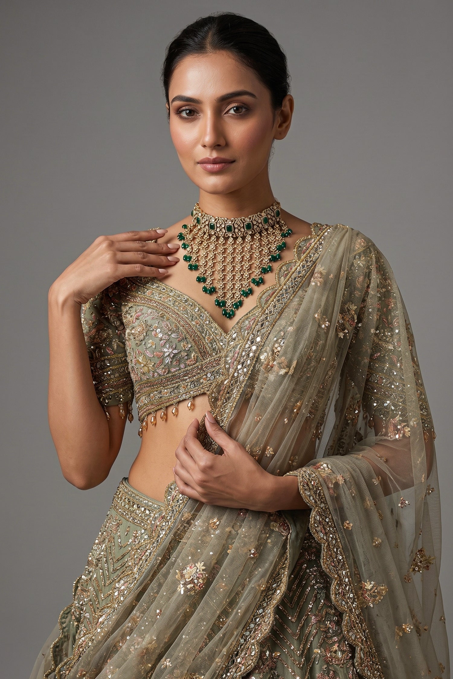 Mint Sage Green Organza Lehenga with Intricate Hand-Embroidered Mirror Work Secondary image