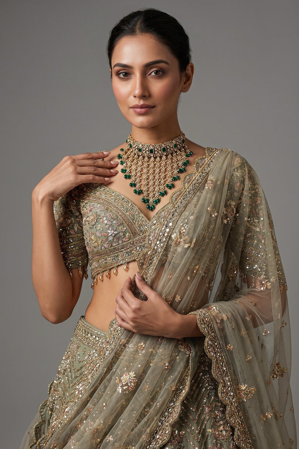 Mint Sage Green Organza Lehenga with Intricate Hand-Embroidered Mirror Work