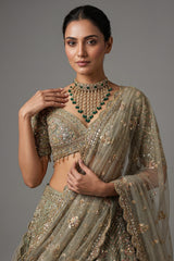 Ivory White and Antique Gold Organza Luxury Bridal Lehenga Choli