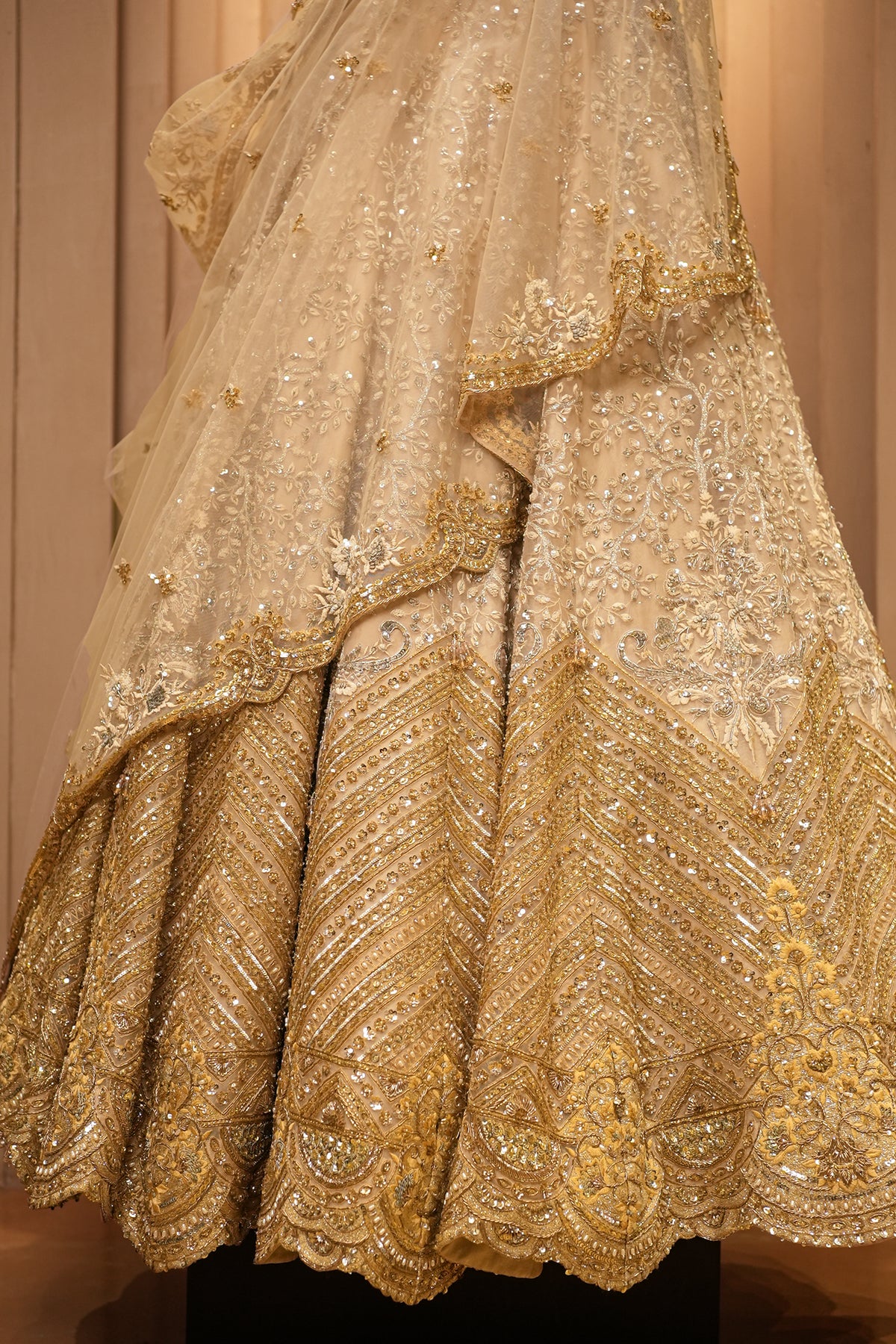 Ivory White and Antique Gold Organza Luxury Bridal Lehenga Choli