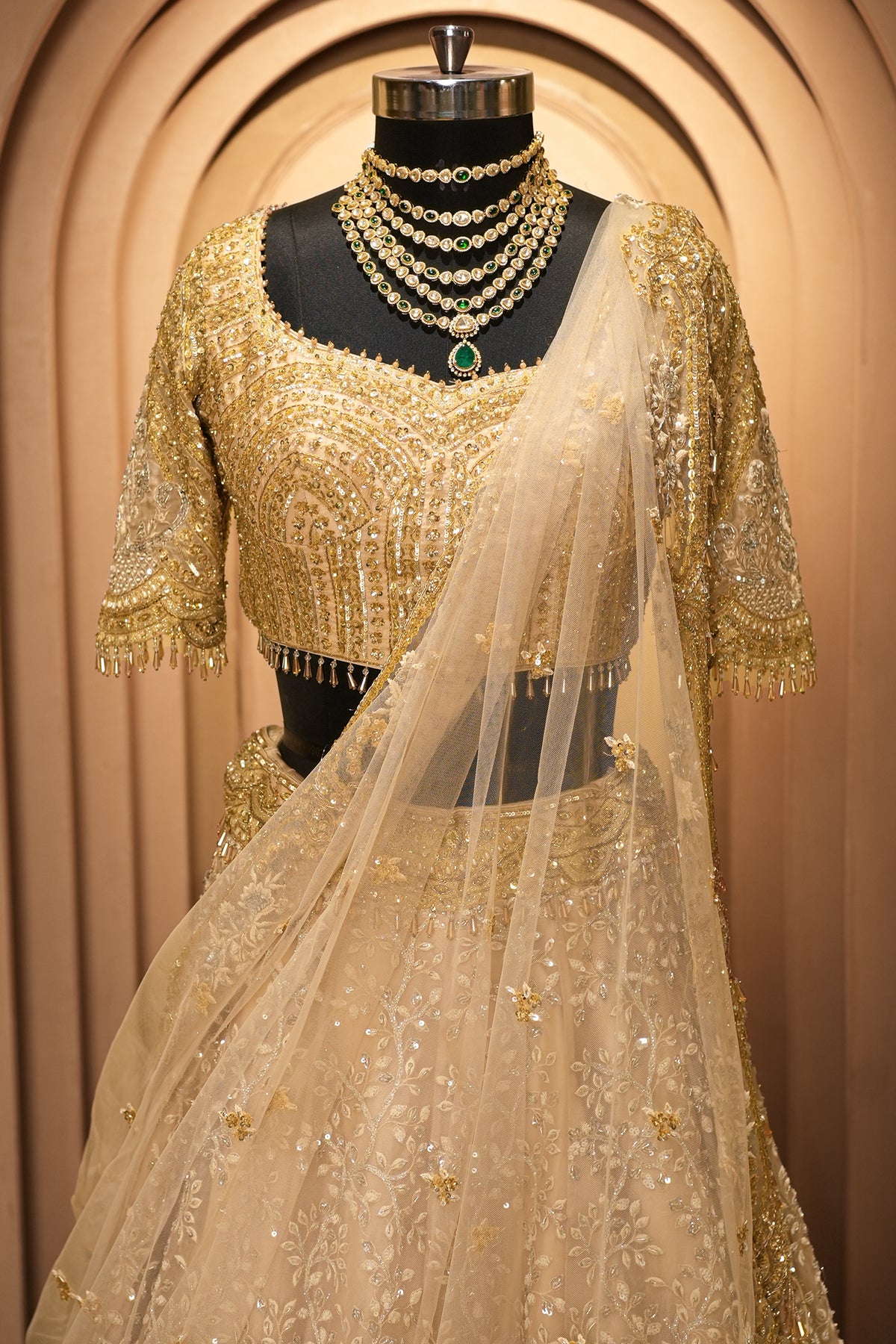 Ivory White and Antique Gold Organza Luxury Bridal Lehenga Choli