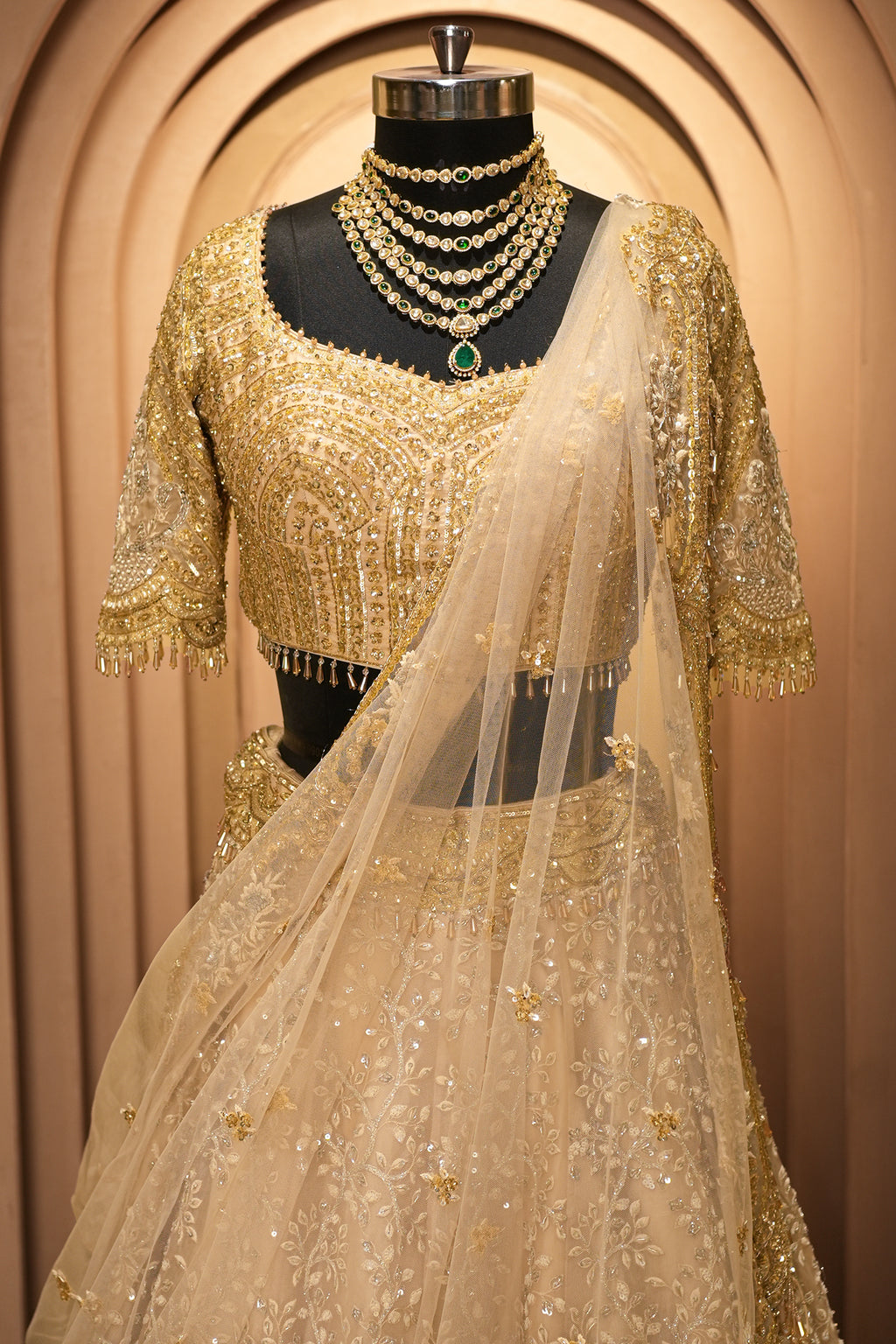 Ivory White and Antique Gold Organza Luxury Bridal Lehenga Choli