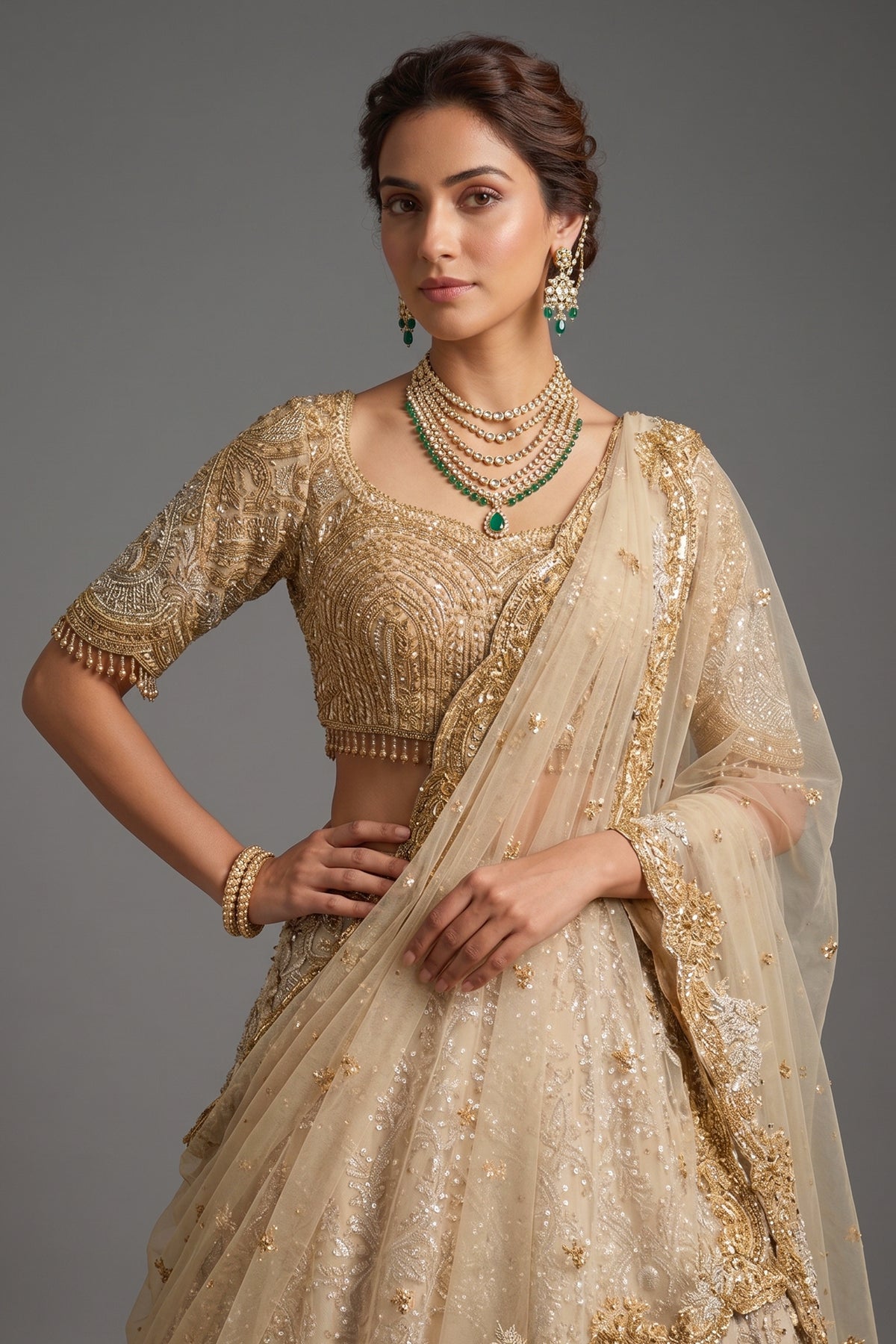 Ivory White and Antique Gold Organza Luxury Bridal Lehenga Choli