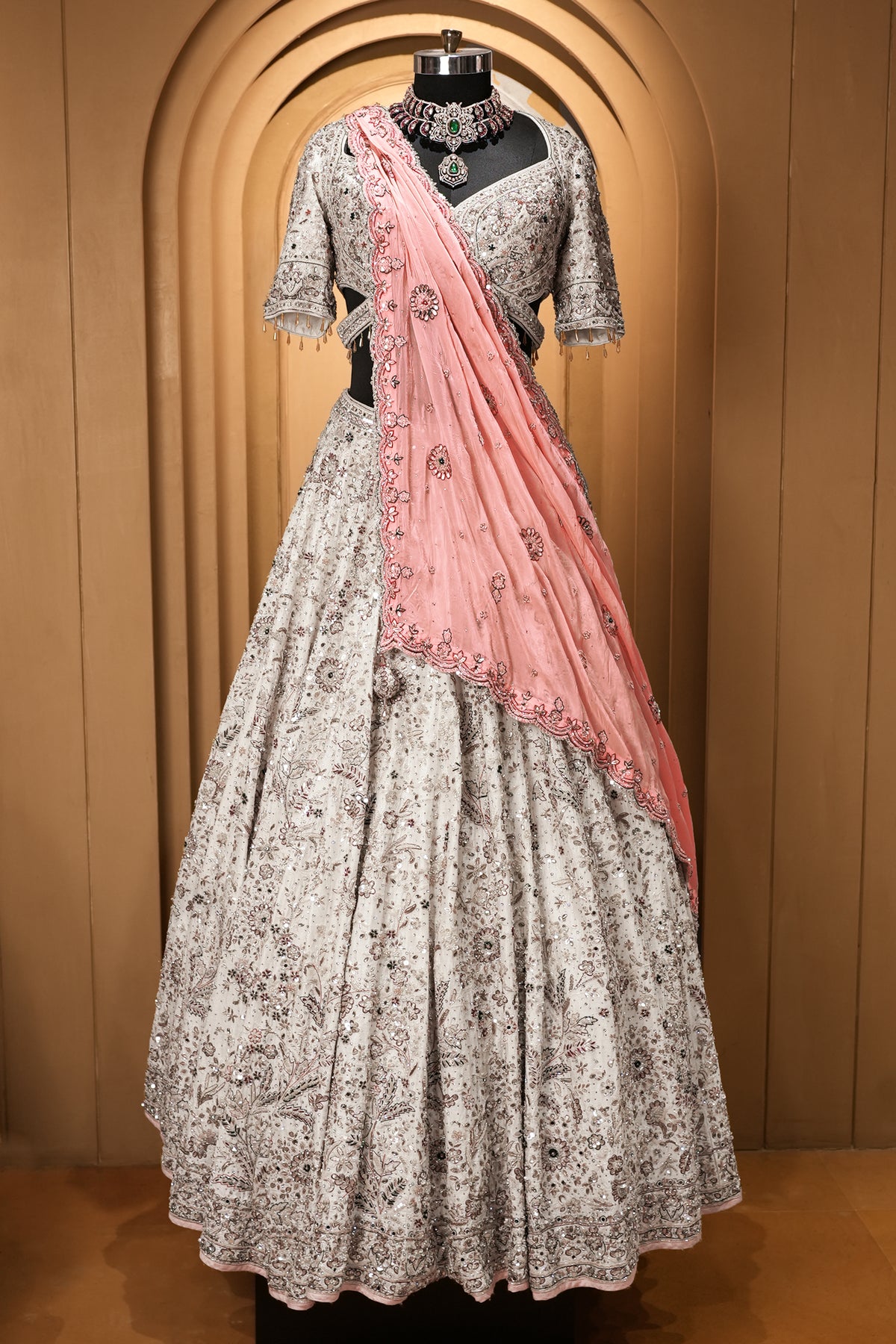 Off White Silk Heritage Bridal Lehenga Choli with Royal Gota-Patti & Mirror Work