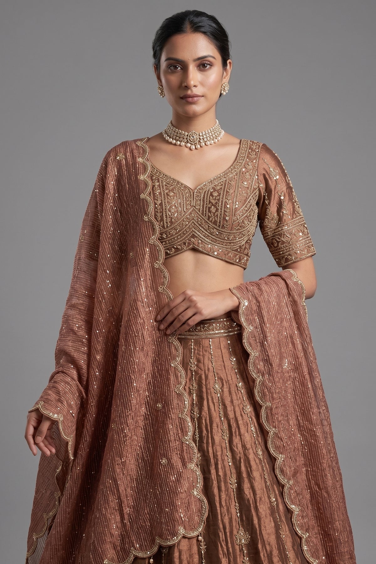 Brown Tissue Zardosi and Cutdana Worked Lehenga