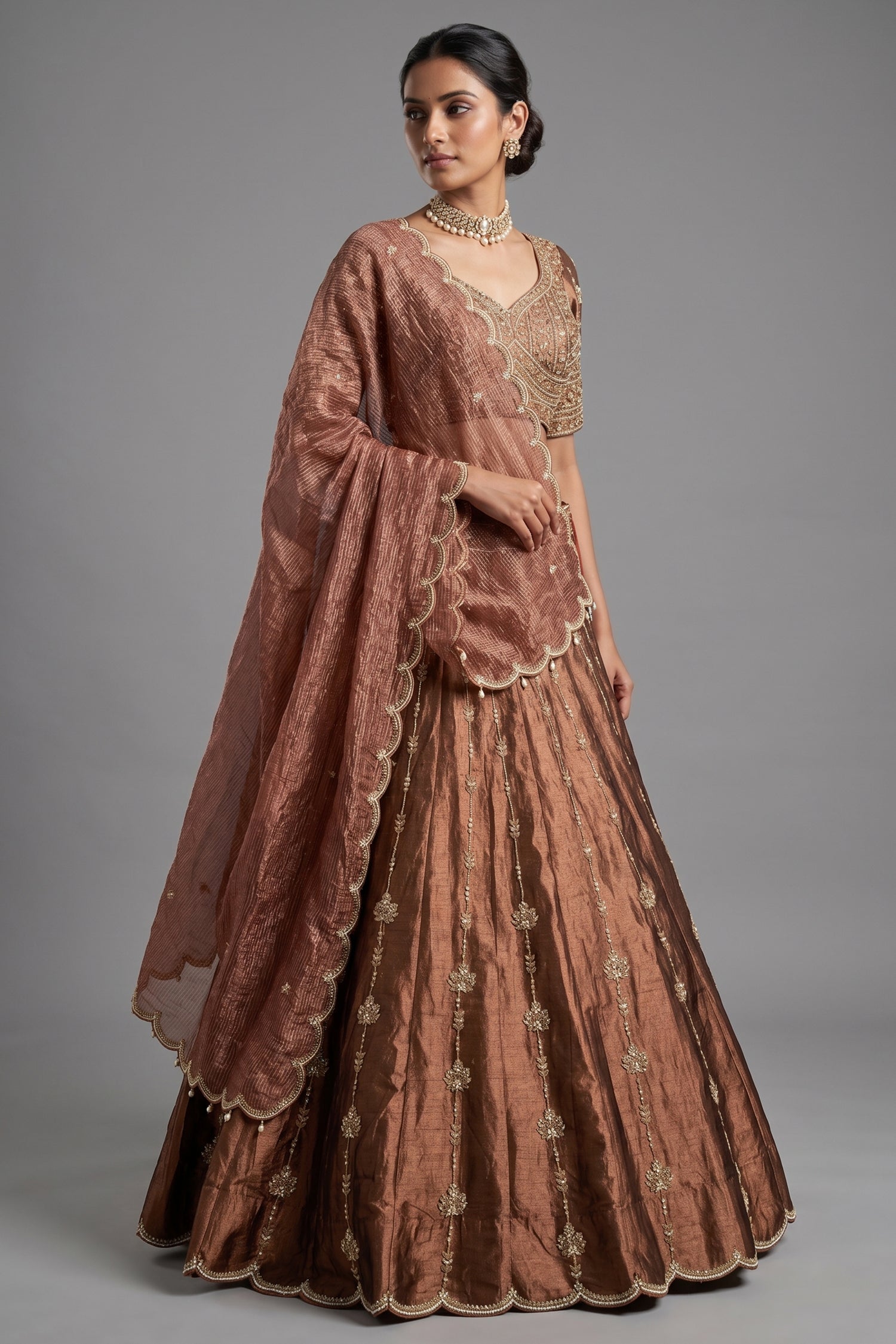 Brown Tissue Zardosi and Cutdana Worked Lehenga Main image
