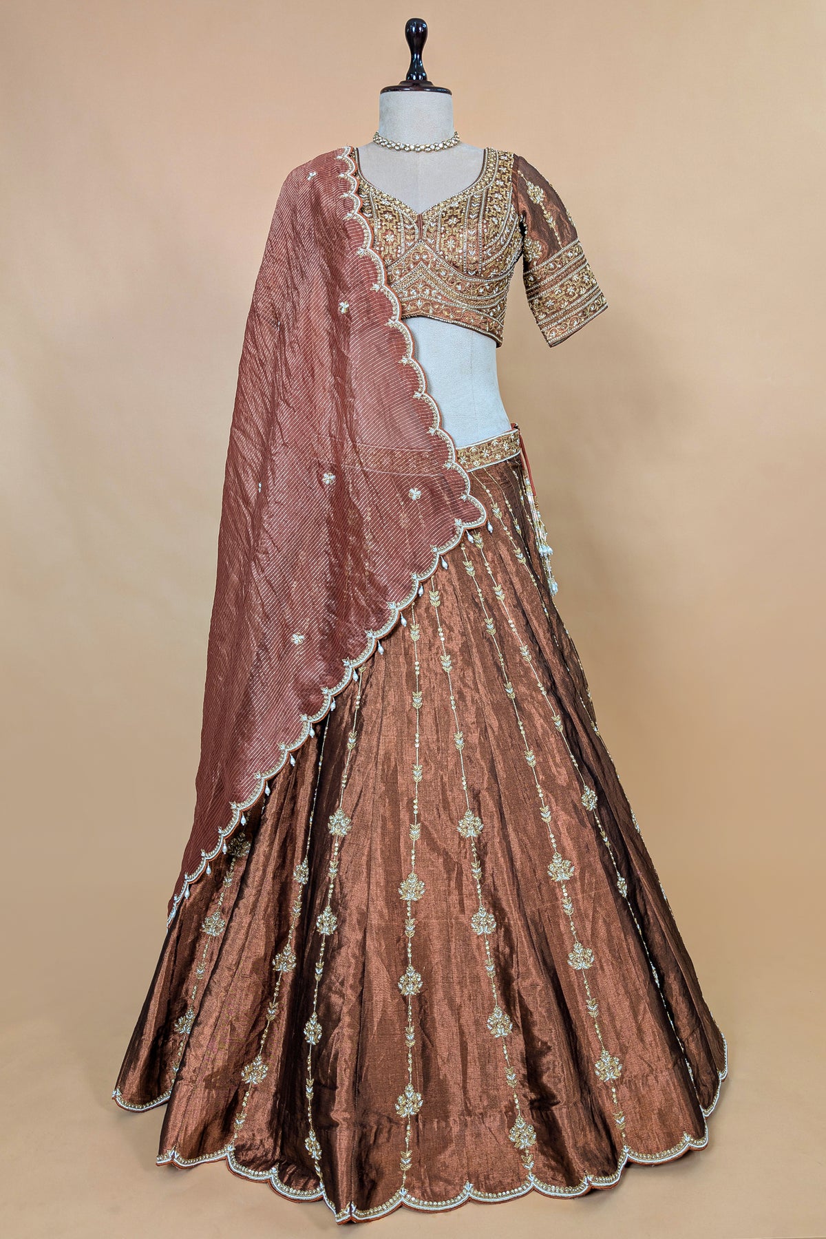 Brown Tissue Zardosi and Cutdana Worked Lehenga