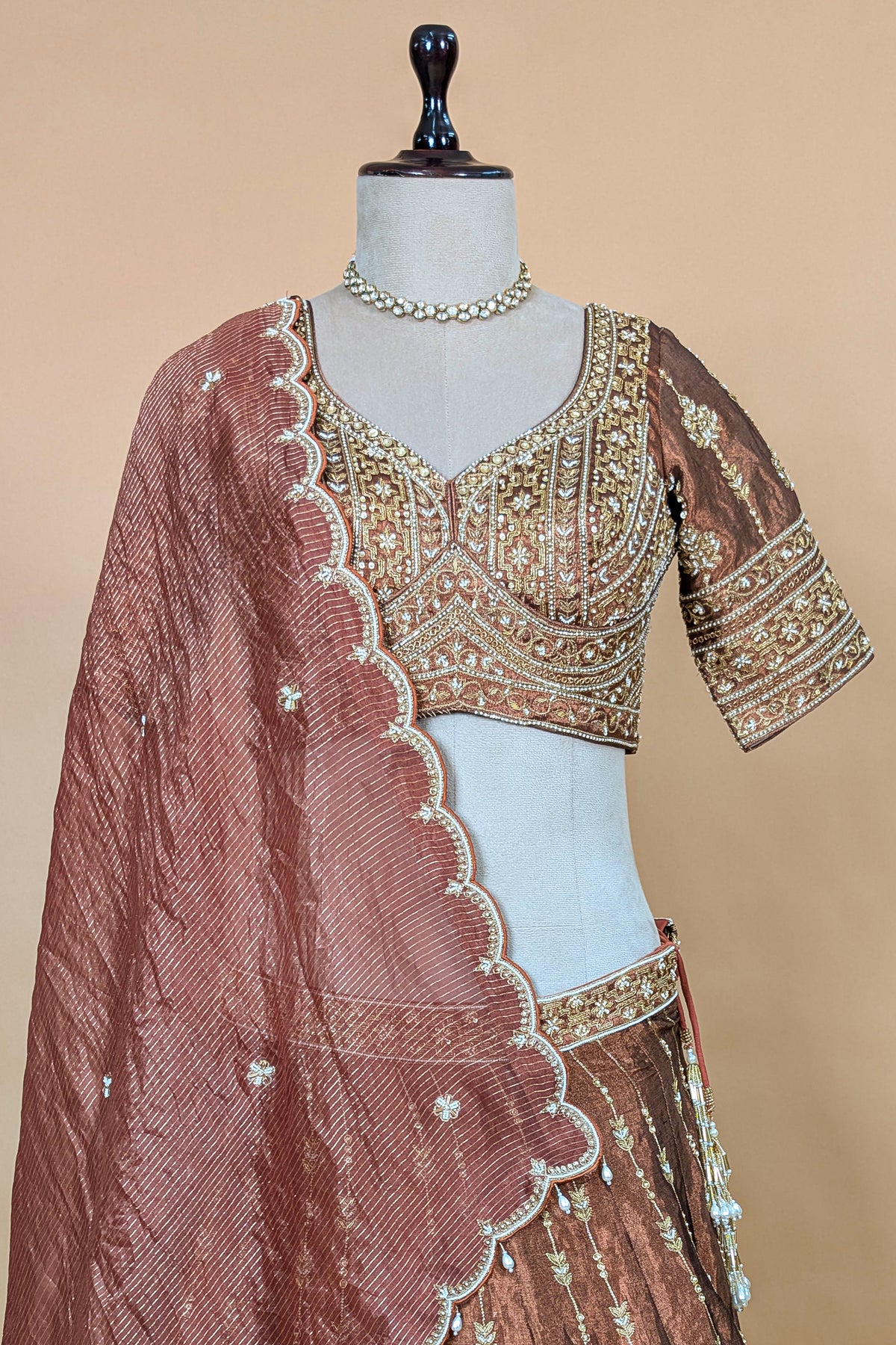 Brown Tissue Zardosi and Cutdana Worked Lehenga