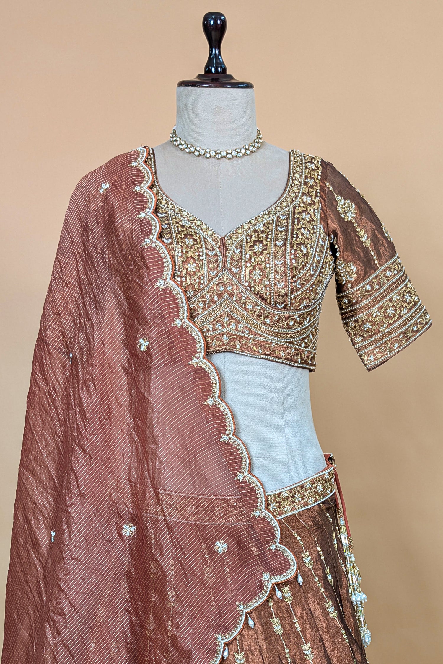 Brown Tissue Zardosi and Cutdana Worked Lehenga