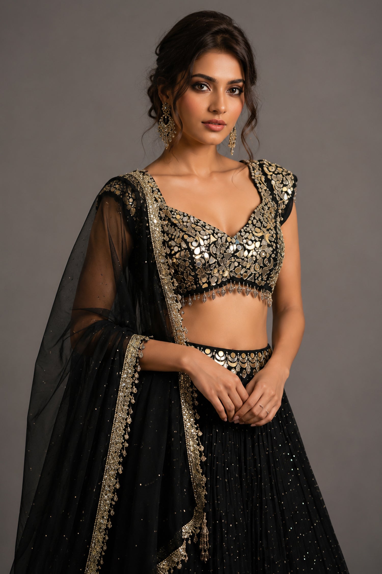 Black Mukaish Georgette Mirror Embroidered Lehenga Set