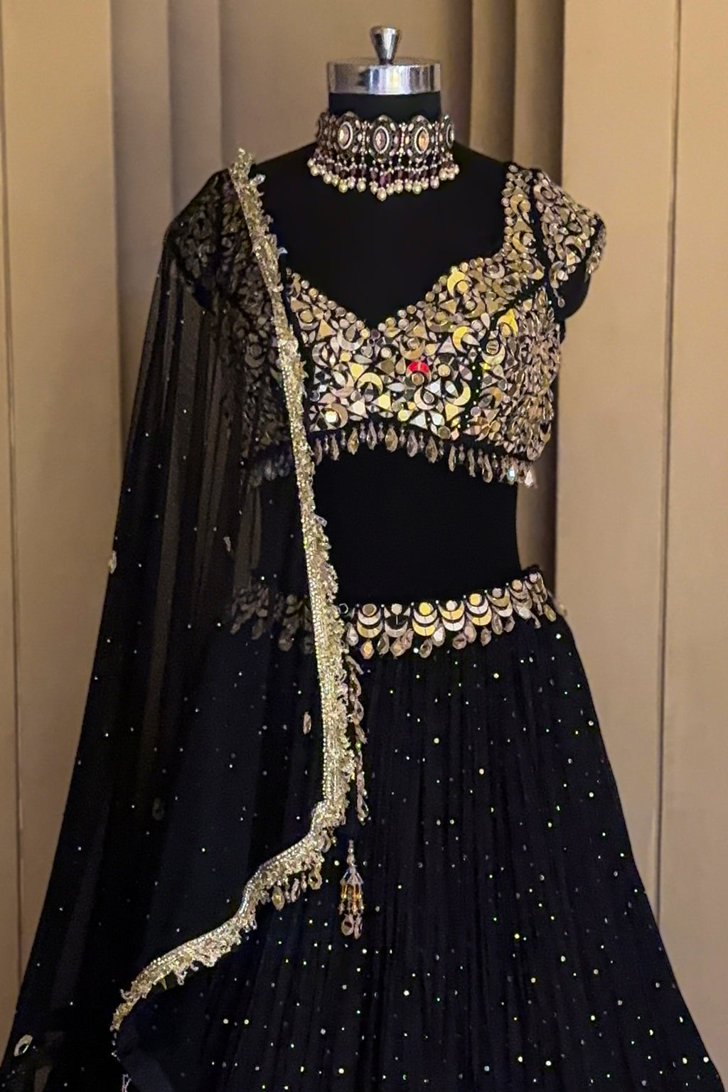 Black Mukaish Georgette Mirror Embroidered Lehenga Set
