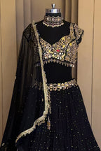 Black Mukaish Georgette Mirror Embroidered Lehenga Set