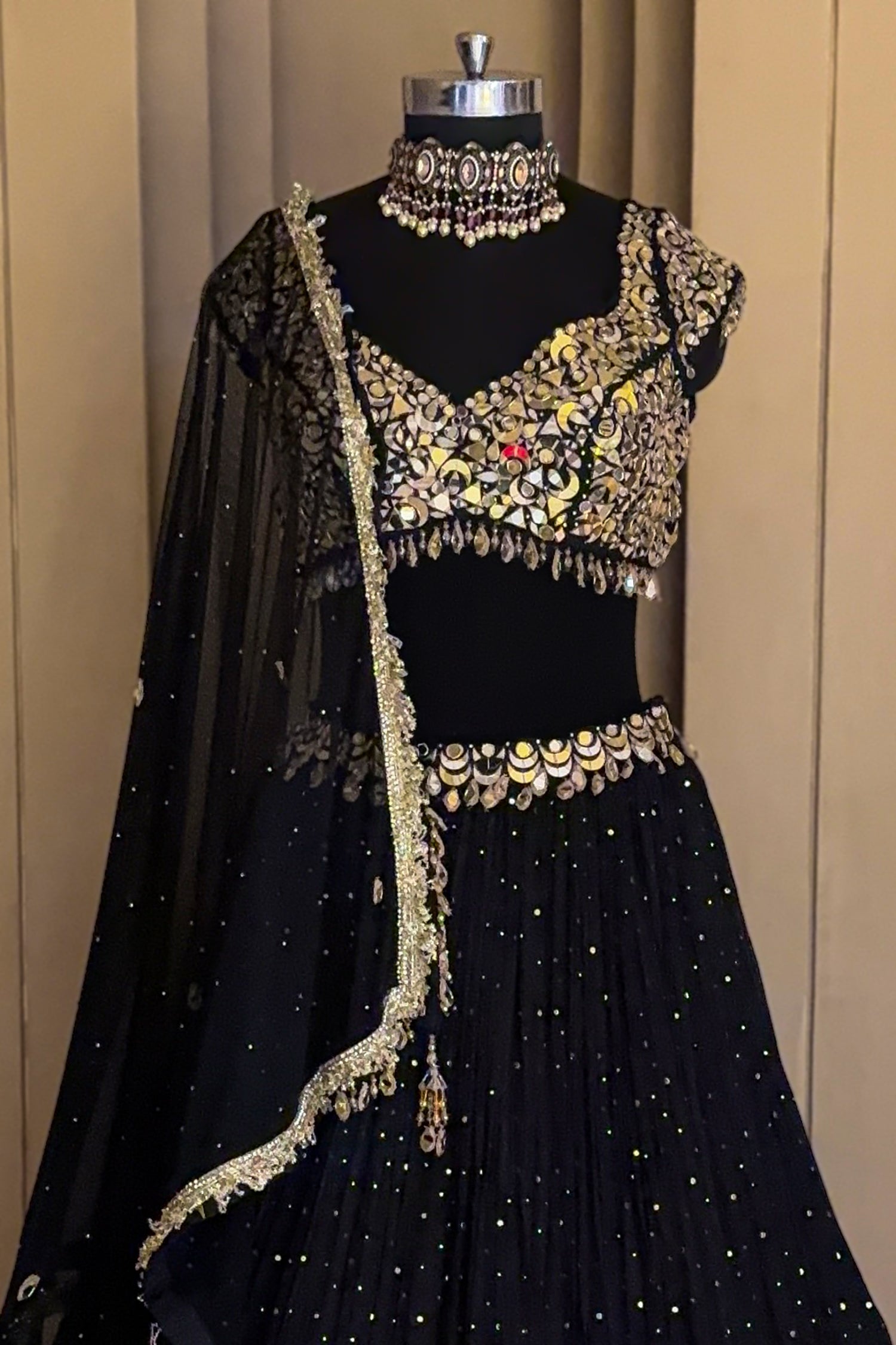 Black Mukaish Georgette Mirror Embroidered Lehenga Set