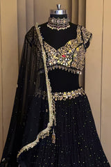 Black Mukaish Georgette Mirror Embroidered Lehenga Set