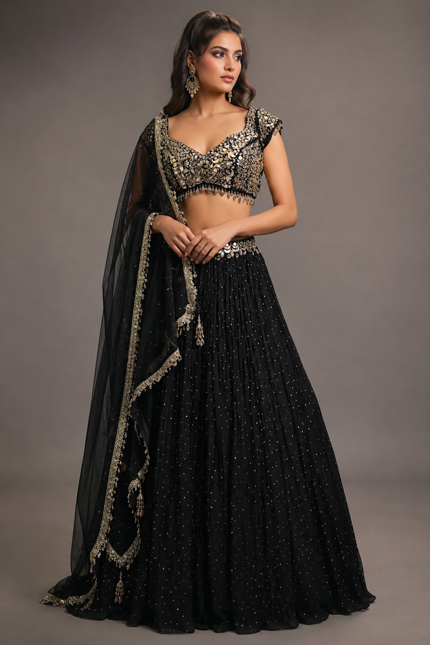 Black Mukaish Georgette Mirror Embroidered Lehenga Set Main image