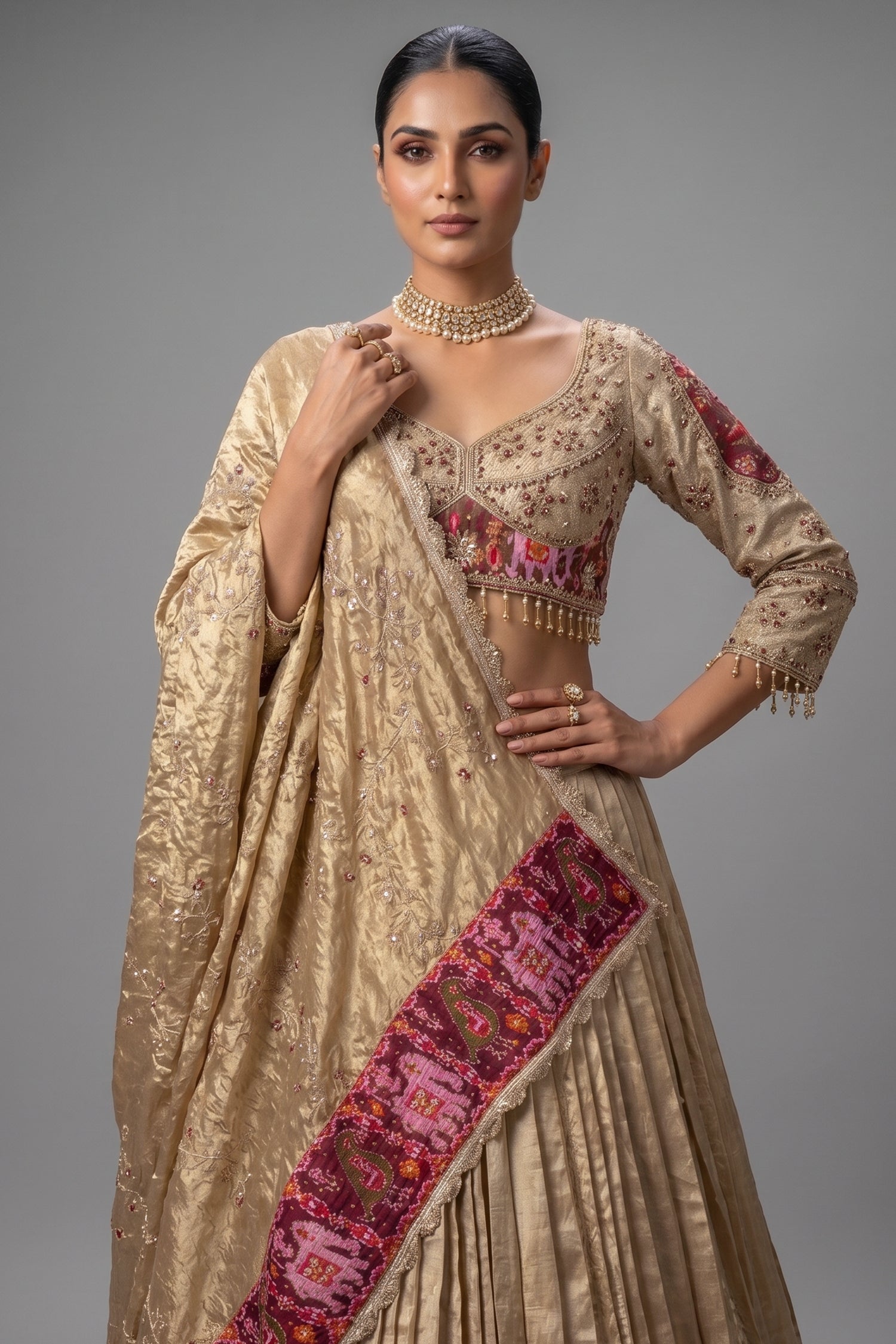 Golden Organza Tissue Lehenga with Patola Border Secondary image