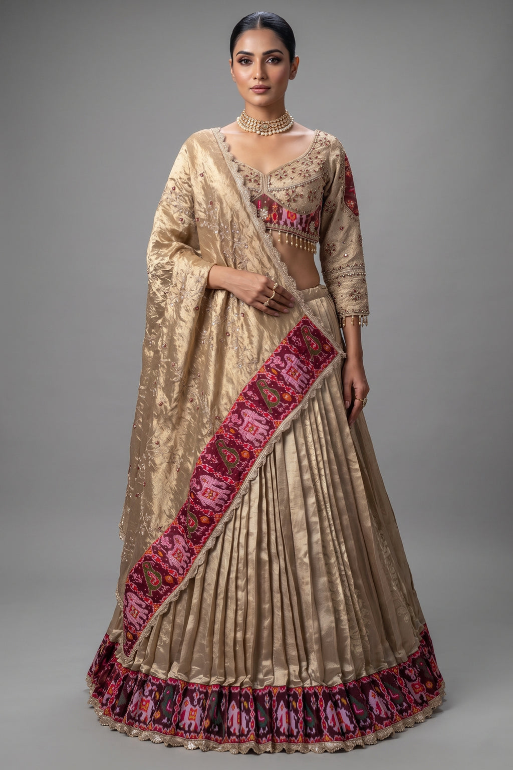 Golden Organza Tissue Lehenga with Patola Border