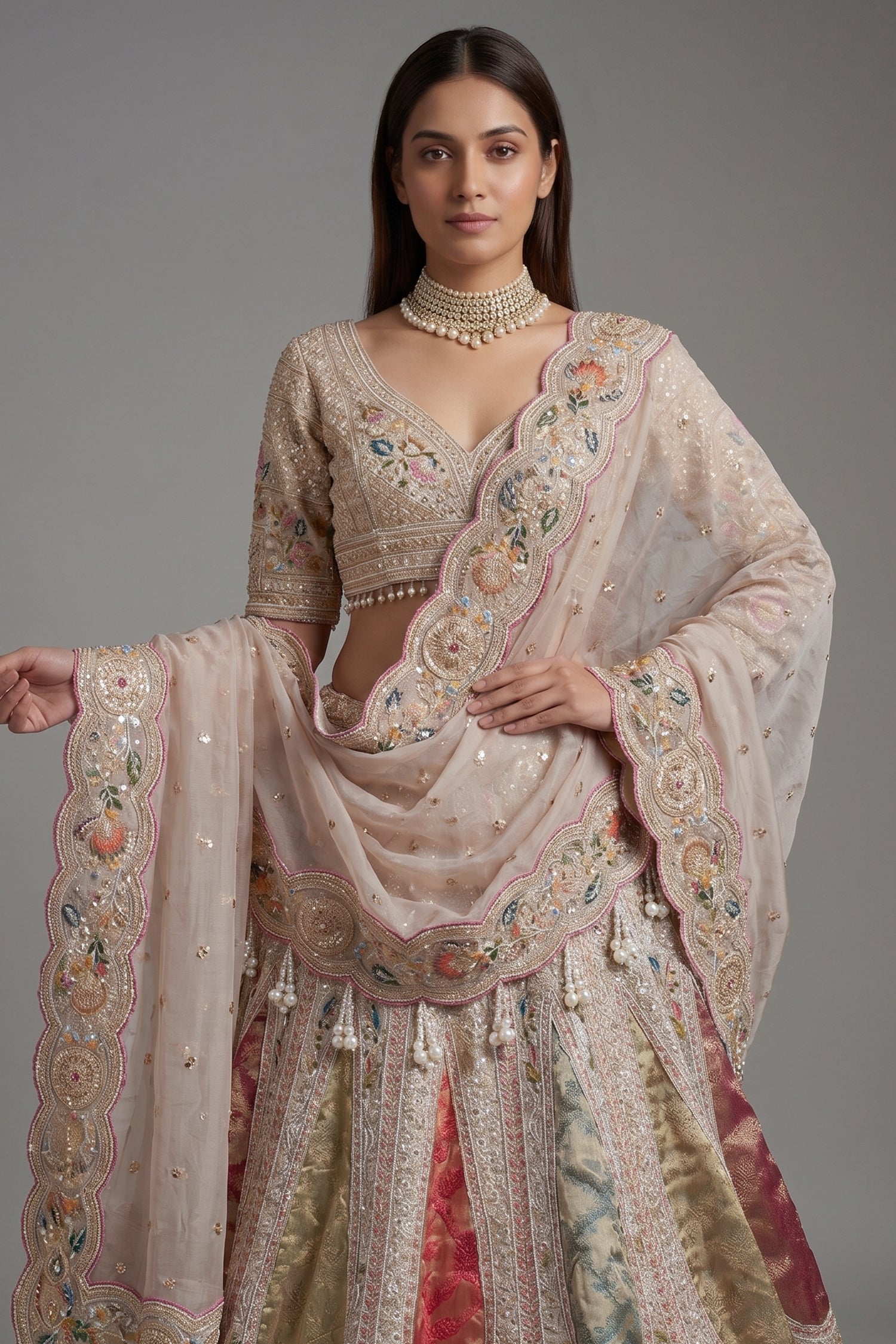 Light Baby Pink Tissue Silk Beaded and Embroidery Lehenga with Patch Work Secondary image