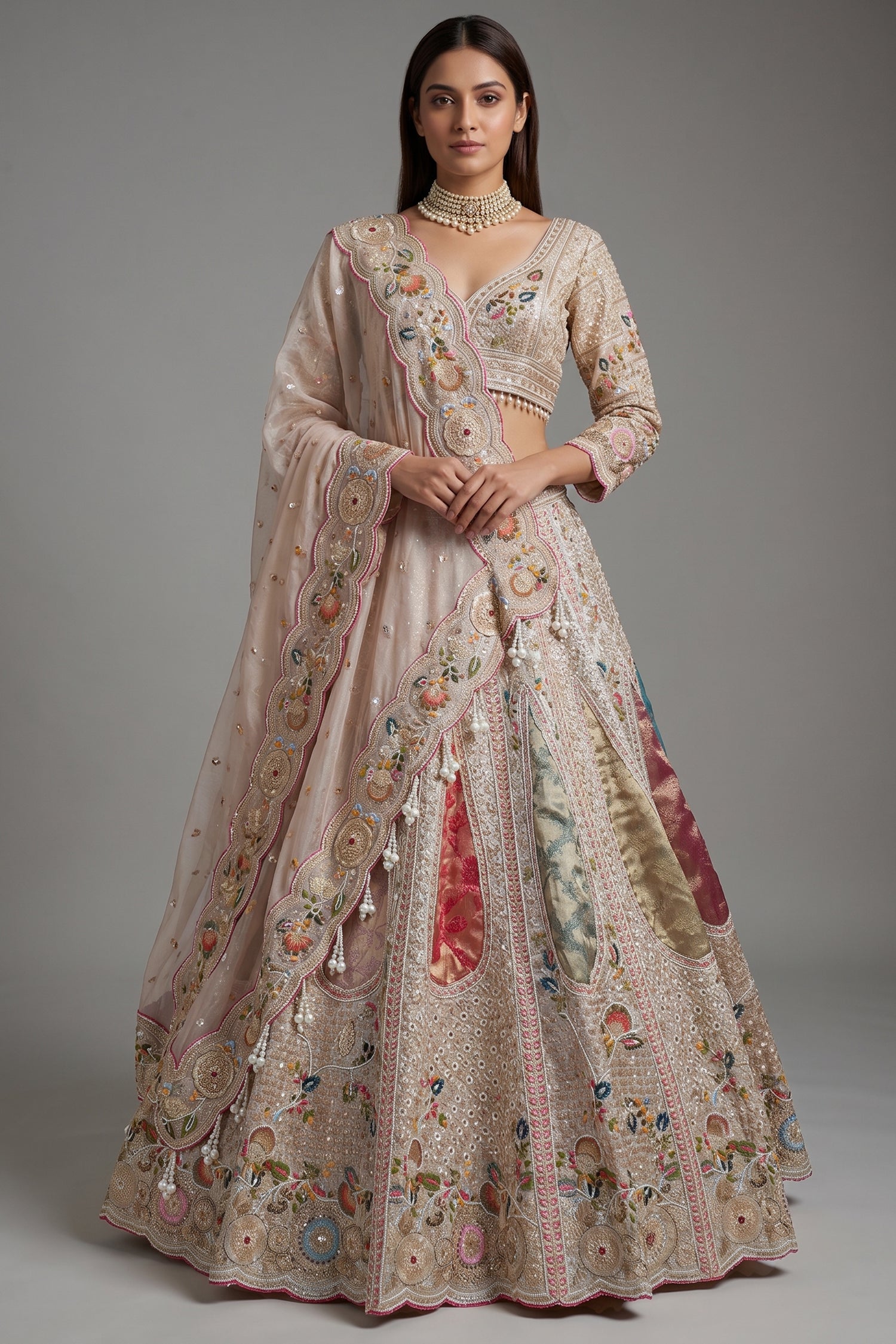 Light Baby Pink Tissue Silk Beaded and Embroidery Lehenga with Patch Work Main image
