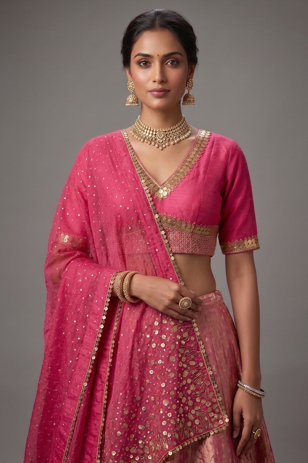 Rose Gold Dual-Toned Tissue Organza Silk Lehenga with Heritage Zari Weaving