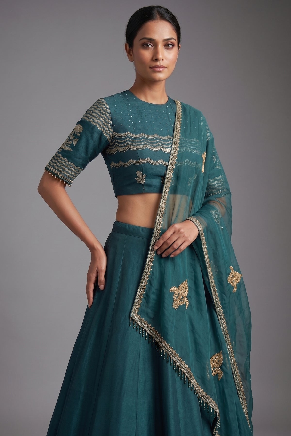 Bottle Green Silk Chevron Woven Kalidaar Lehenga with Pearl-Embellished Boat Neck Blouse