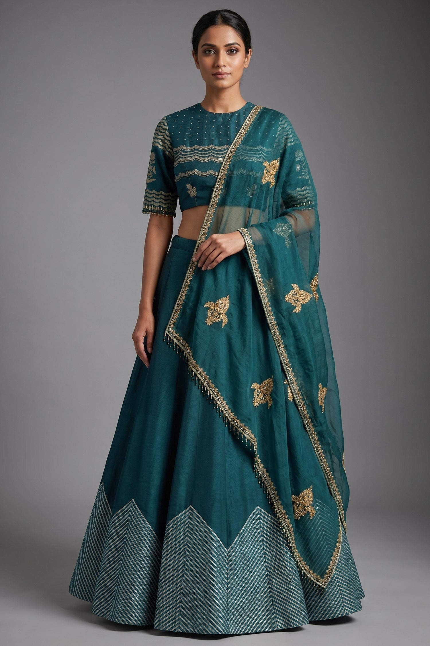 Bottle Green Silk Chevron Woven Kalidaar Lehenga with Pearl-Embellished Boat Neck Blouse Main image