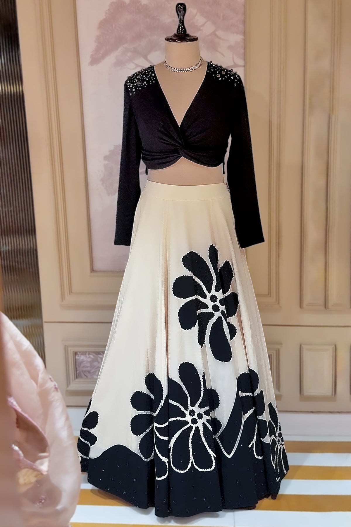Cream Crepe Silk Bold Monochrome Floral Lehenga with Twist-Knot Gunmetal Studded Crop Top
