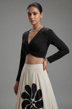 Cream Crepe Silk Bold Monochrome Floral Lehenga with Twist-Knot Gunmetal Studded Crop Top