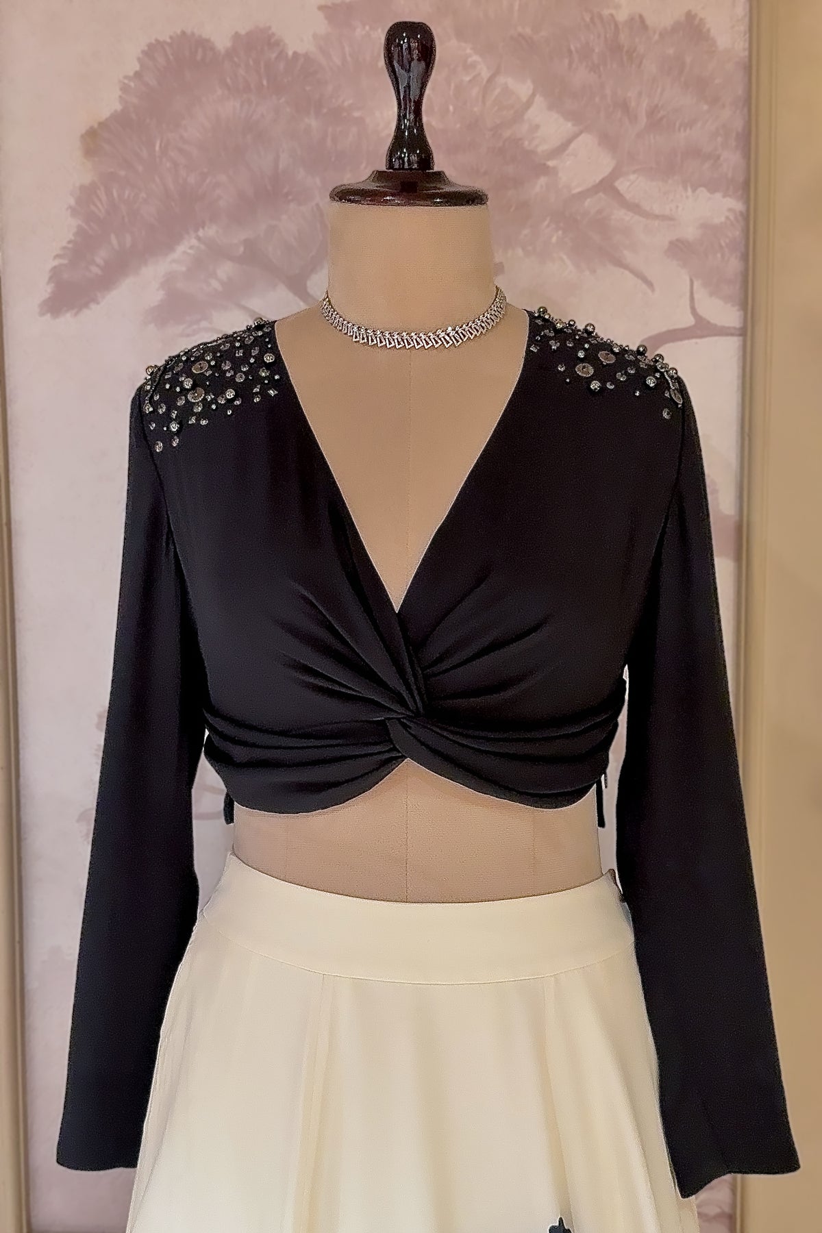 Cream Crepe Silk Bold Monochrome Floral Lehenga with Twist-Knot Gunmetal Studded Crop Top