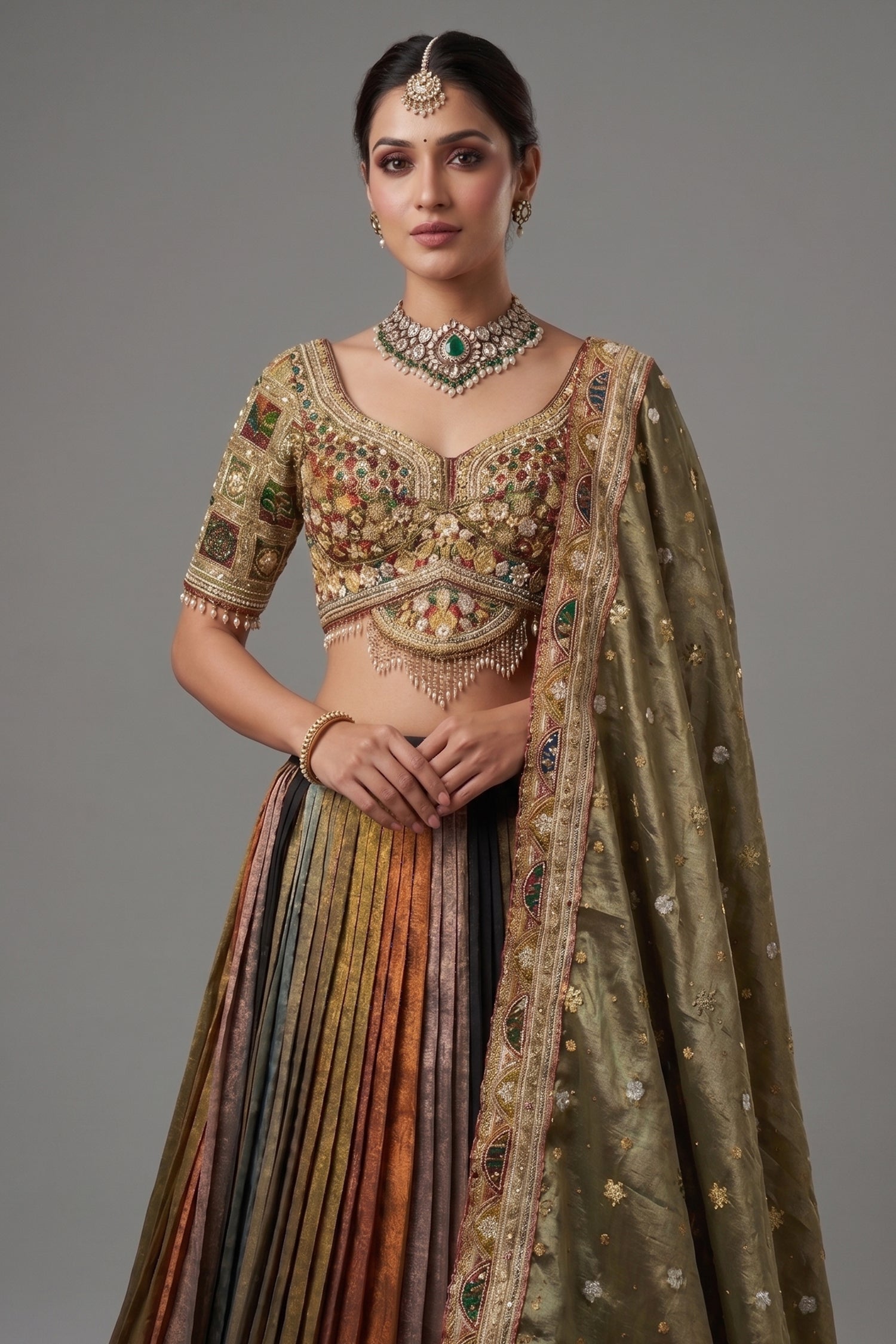 Sage Green Metallic Tissue Accordion Pleated Lehenga with Heritage Patola Weaving & Mirror-Work Blouse Secondary image