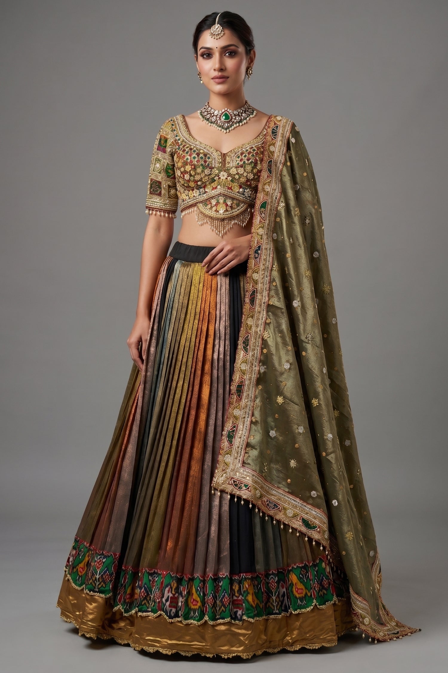 Sage Green Metallic Tissue Accordion Pleated Lehenga with Heritage Patola Weaving & Mirror-Work Blouse Main image