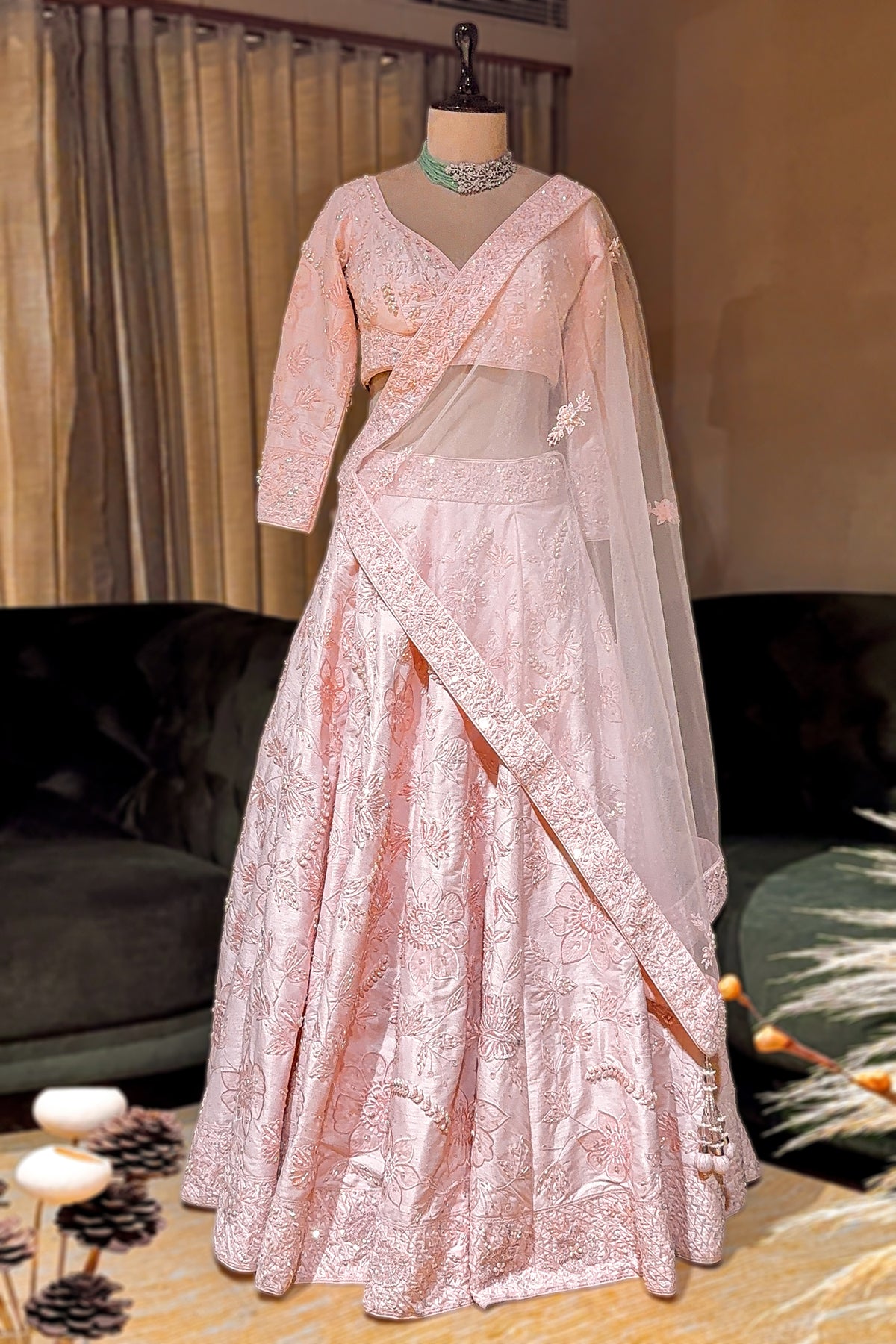 Light Pink Raw Silk Floral Embroidered and Bead Worked Lehenga