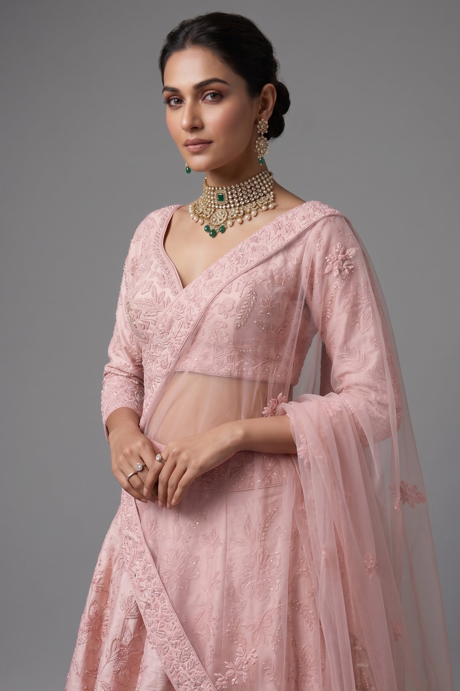 Light Pink Raw Silk Floral Embroidered and Bead Worked Lehenga Secondary image