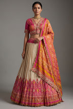 Cream and Fuchsia Two-Tone Tissue Silk Pleated Patola Ikkat Lehenga with Hand-Embellished Zardosi V-Neck Blouse