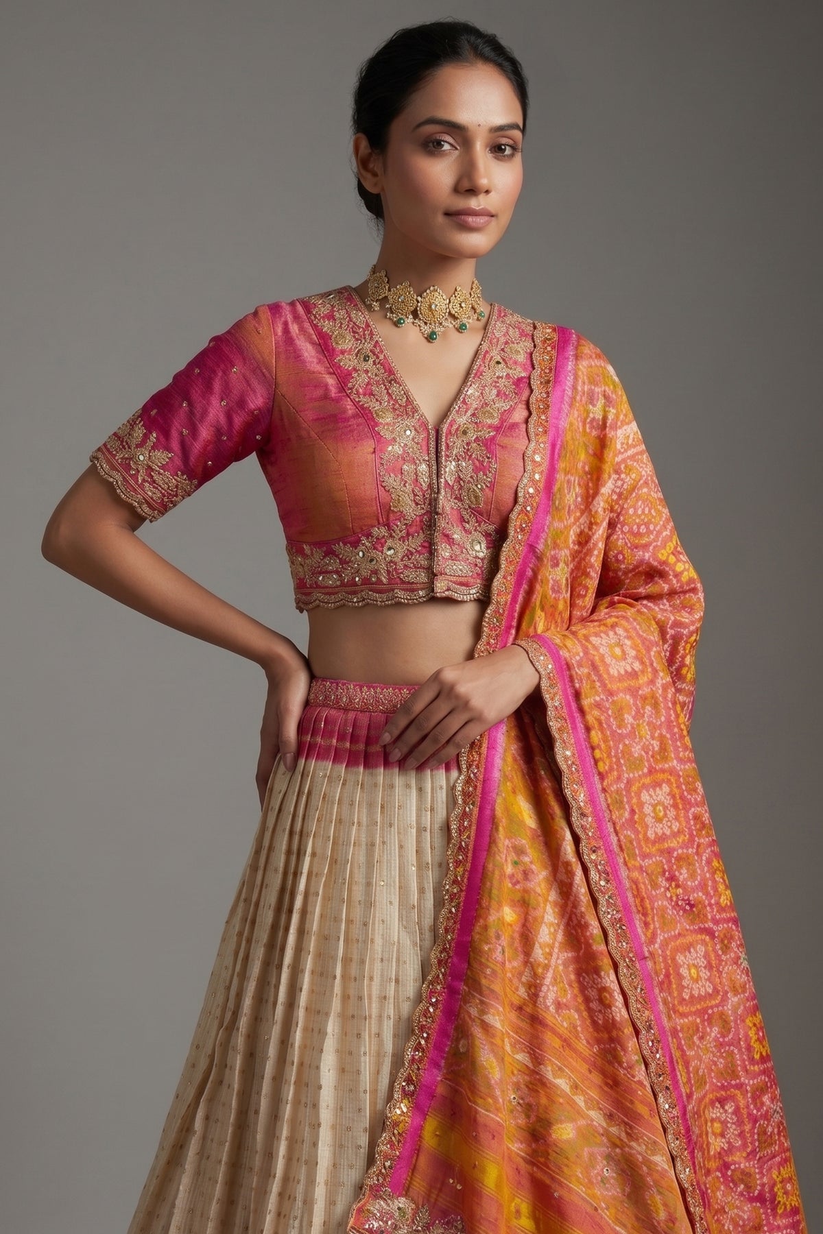 Cream and Fuchsia Two-Tone Tissue Silk Pleated Patola Ikkat Lehenga with Hand-Embellished Zardosi V-Neck Blouse