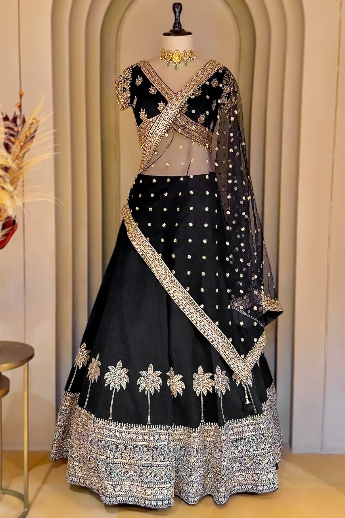 Midnight Black Raw Silk Zardosi Lehenga Set with Sequin Palm Tree Motifs and Jeweled Cross-Over Blouse