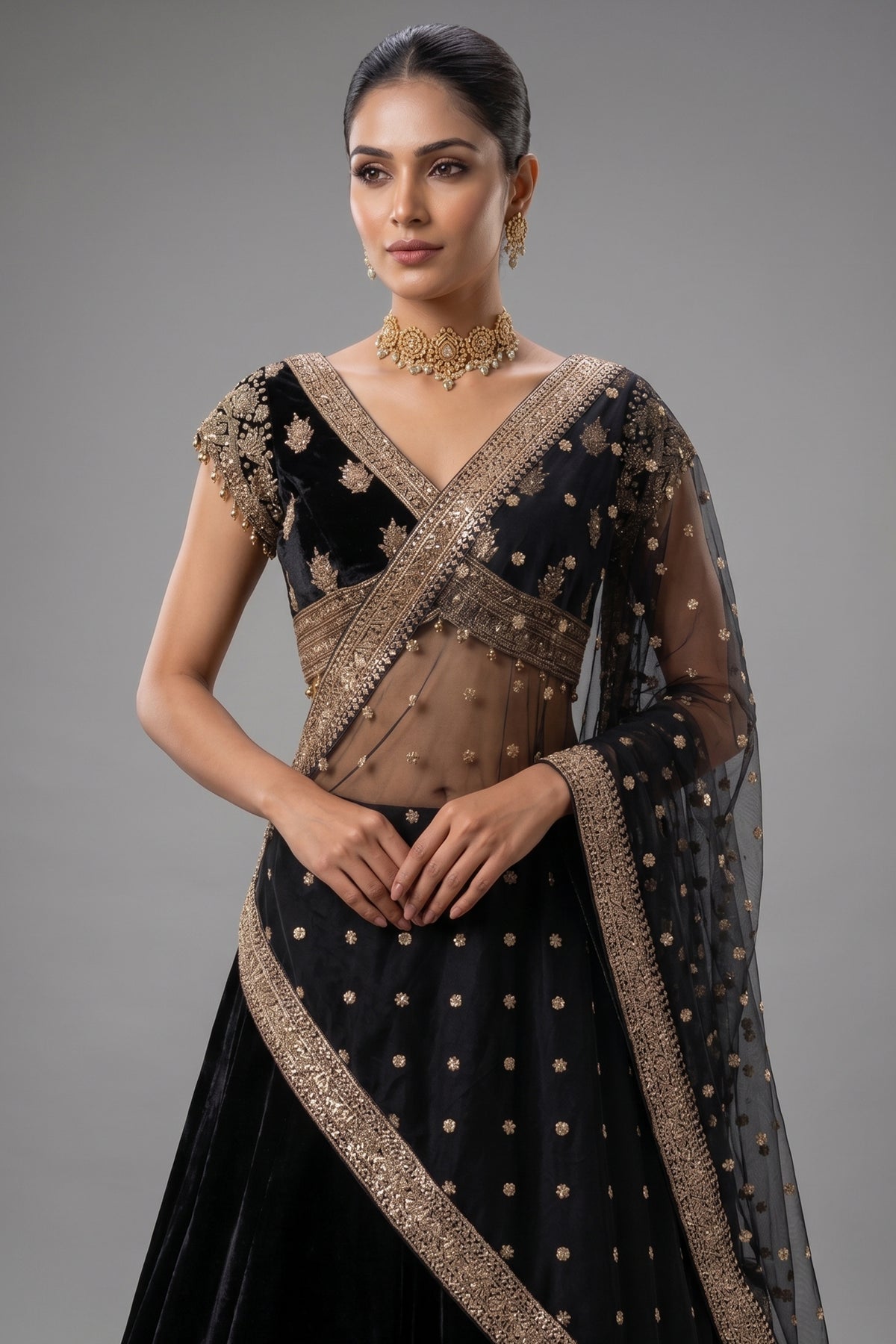 Midnight Black Raw Silk Zardosi Lehenga Set with Sequin Palm Tree Motifs and Jeweled Cross-Over Blouse
