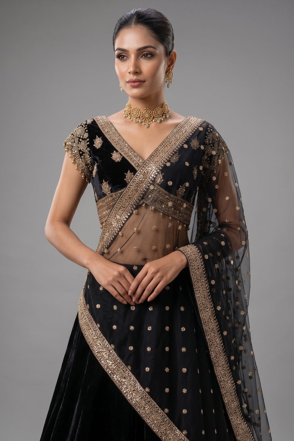 Midnight Black Raw Silk Zardosi Lehenga Set with Sequin Palm Tree Motifs and Jeweled Cross-Over Blouse