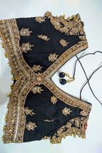 Midnight Black Raw Silk Zardosi Lehenga Set with Sequin Palm Tree Motifs and Jeweled Cross-Over Blouse