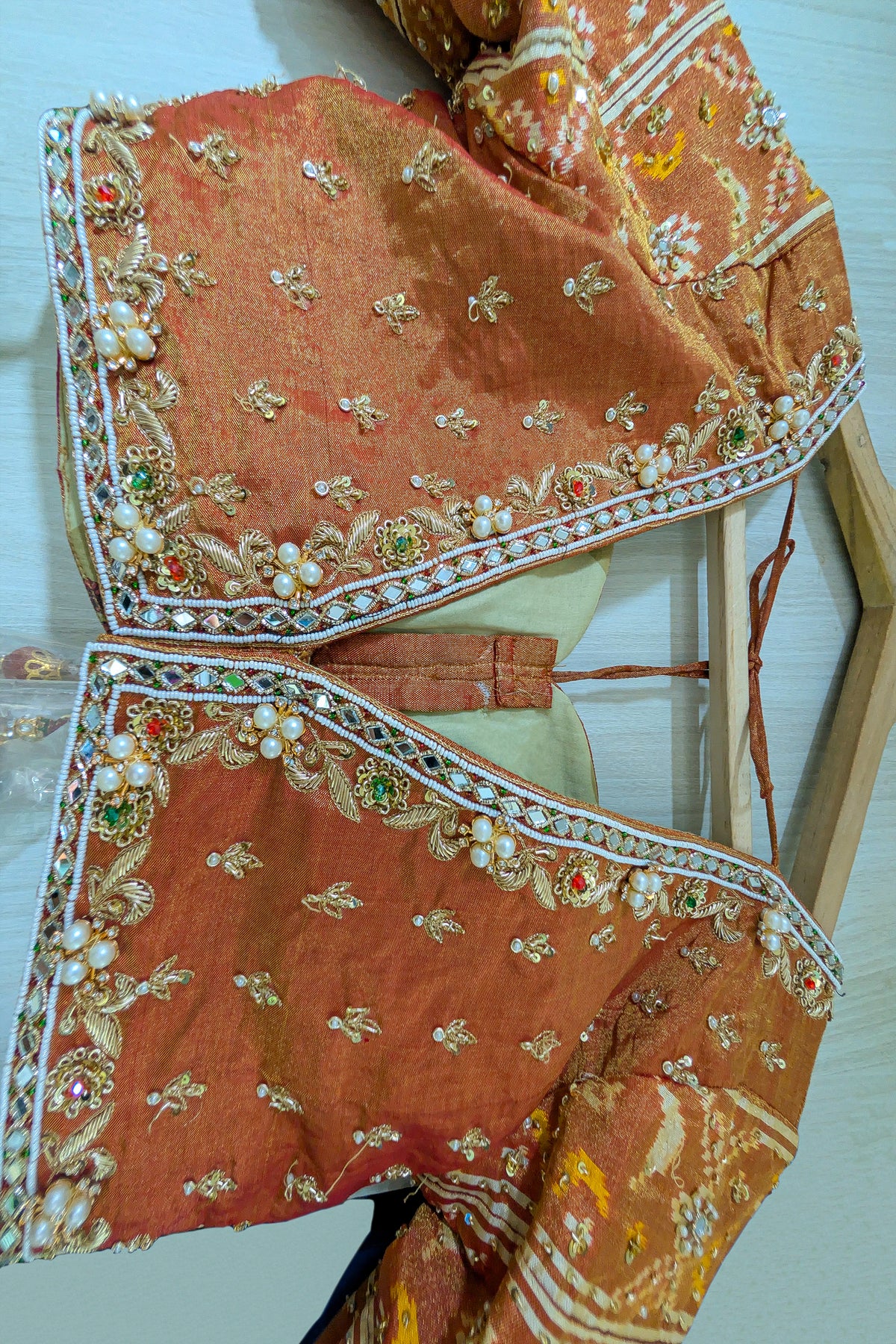Cream and Golden Tissue Silk Heritage Patola Lehenga with Hand-Embroidered Zardosi Blouse and Georgette Bandhej Dupatta