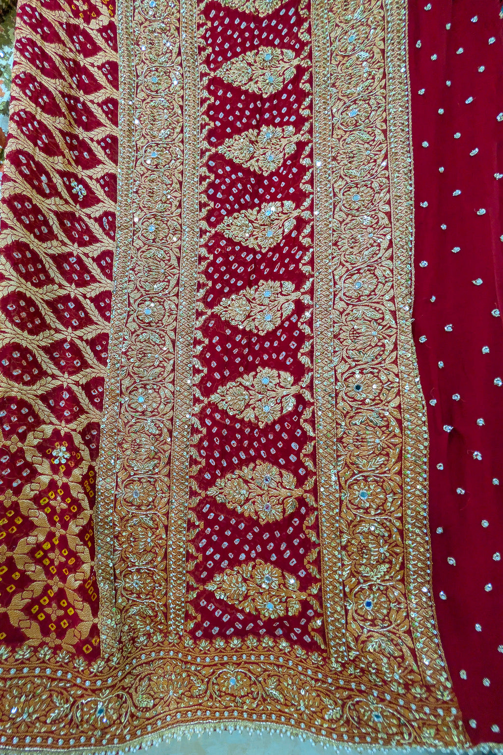 Cream and Golden Tissue Silk Heritage Patola Lehenga with Hand-Embroidered Zardosi Blouse and Georgette Bandhej Dupatta