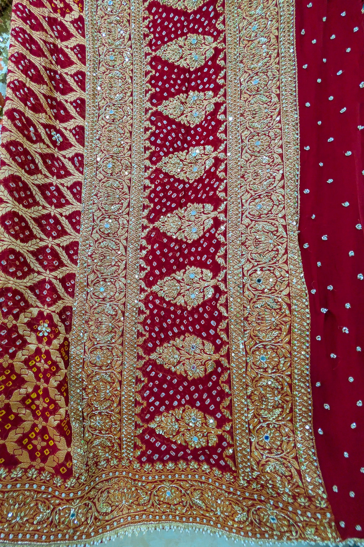 Cream and Golden Tissue Silk Heritage Patola Lehenga with Hand-Embroidered Zardosi Blouse and Georgette Bandhej Dupatta