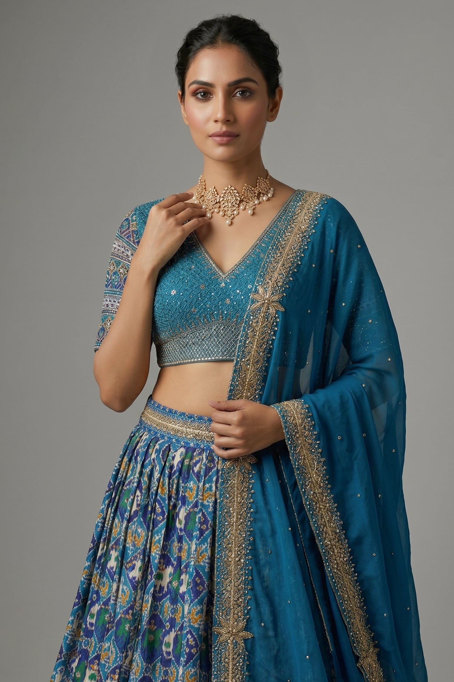 Sky Blue Silk Traditional Patola Lehenga with Hand-Embroidered Zardosi Blouse Secondary image