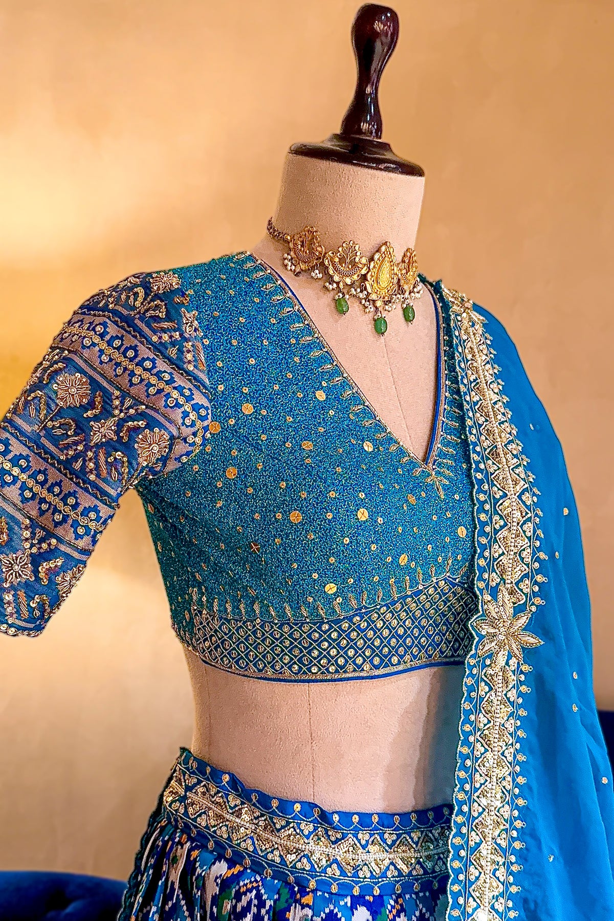 Sky Blue Silk Traditional Patola Lehenga with Hand-Embroidered Zardosi Blouse