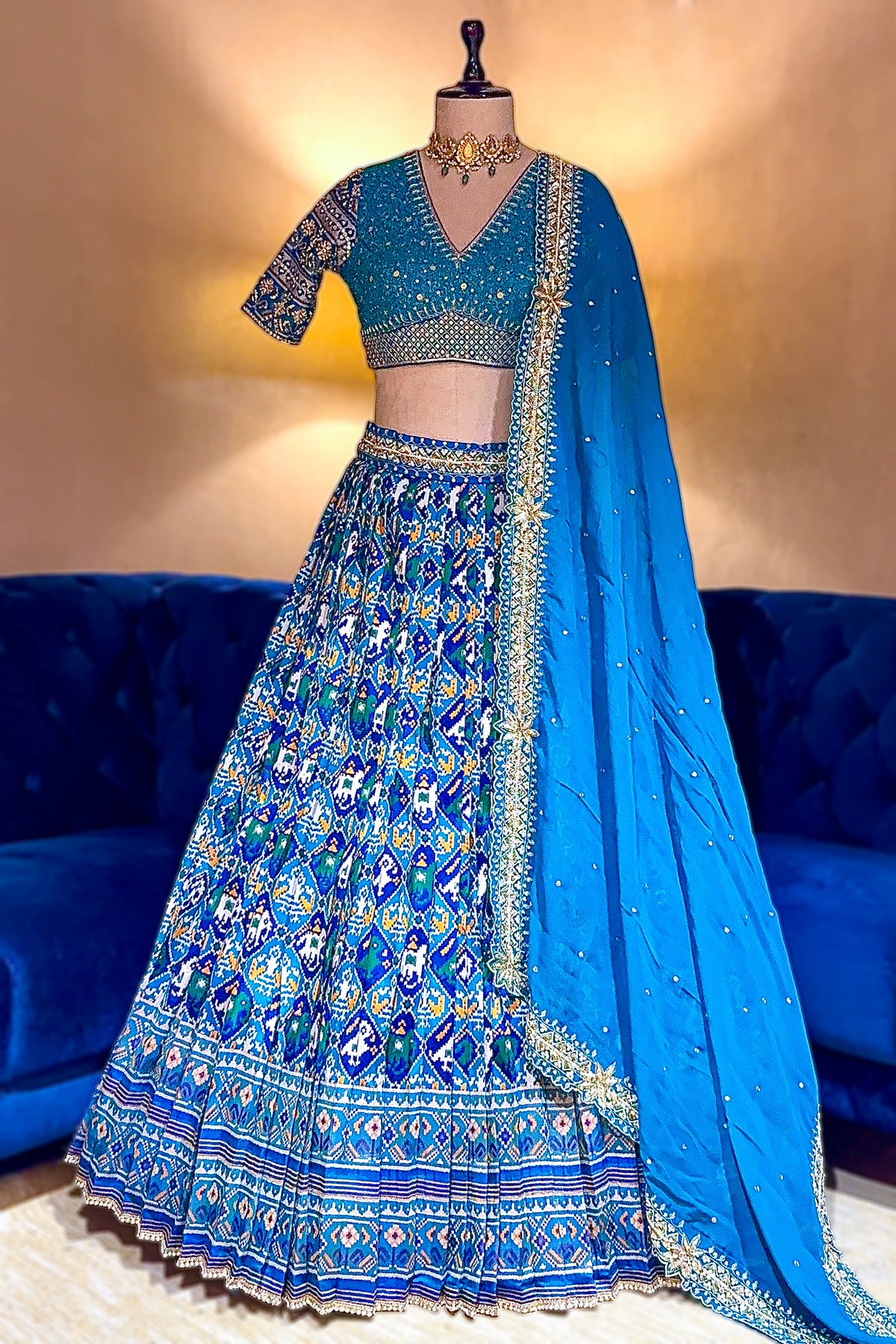 Sky Blue Silk Traditional Patola Lehenga with Hand-Embroidered Zardosi Blouse