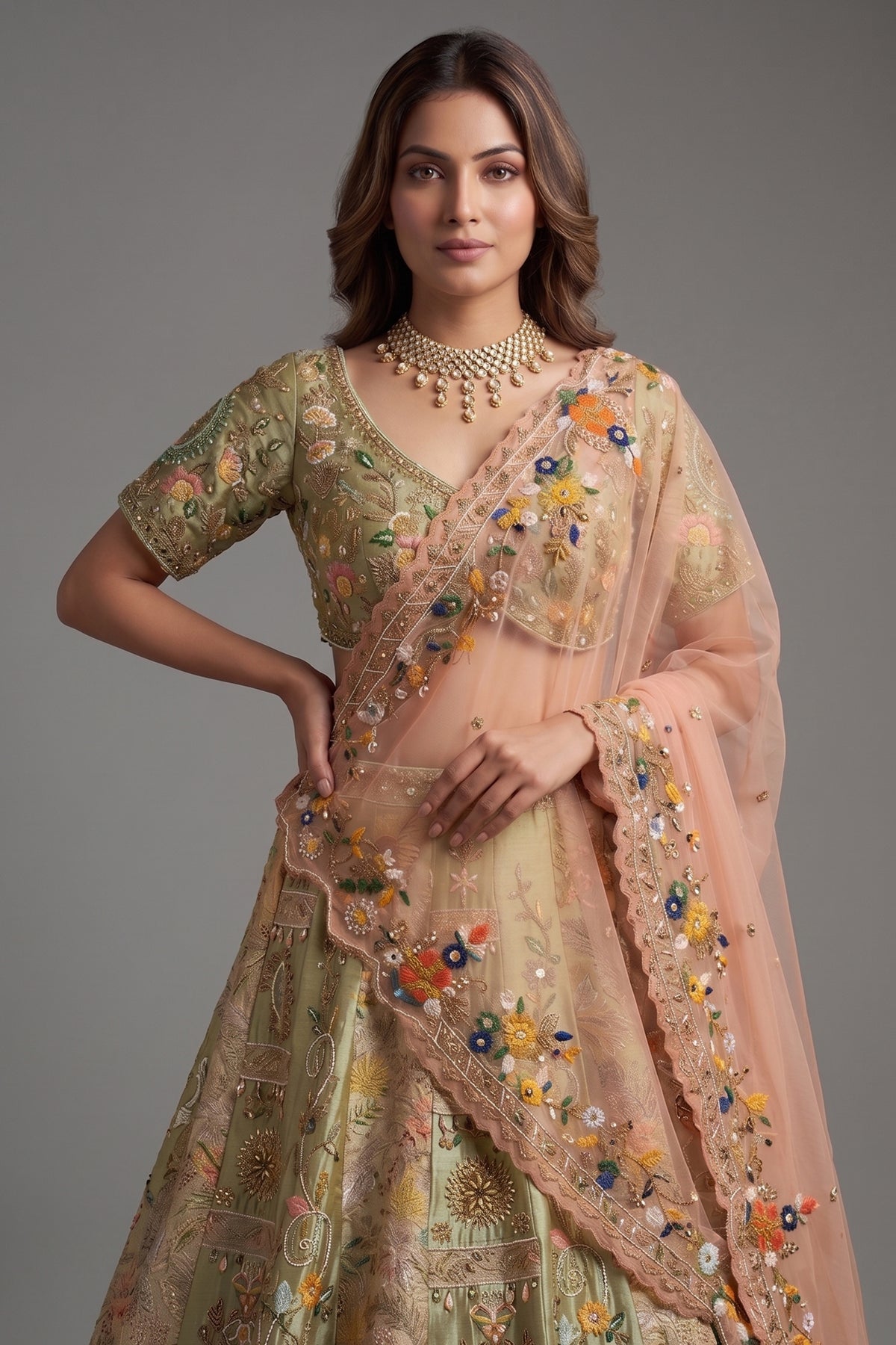Mint Green Raw Silk Designer Lehenga with Multicolor Floral Hand-Embroidery